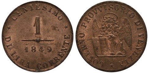 Italy Italian Venetia Venetian coin one centesimo 1849, provisional government, denomination and date at center, winged lion of St. Mark holding book,