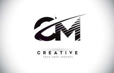 CM C M Letter Logo Design with Swoosh and Black Lines. - obrazy, fototapety, plakaty