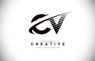 CV C V Letter Logo Design with Swoosh and Black Lines.