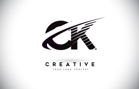 CK C K Letter Logo Design with Swoosh and Black Lines.