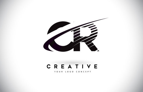 CR C R Letter Logo Design with Swoosh and Black Lines.