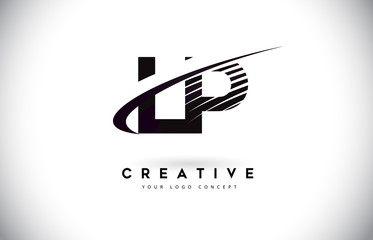 LP L P Letter Logo Design with Swoosh and Black Lines.
