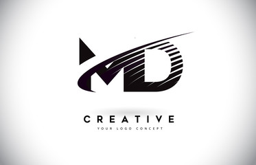 MD M D Letter Logo Design with Swoosh and Black Lines.
