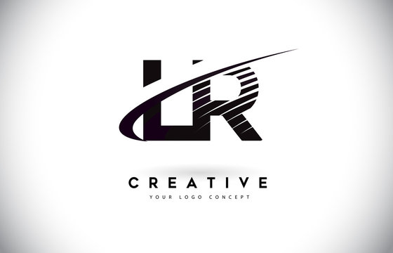 LR L R Letter Logo Design with Swoosh and Black Lines.