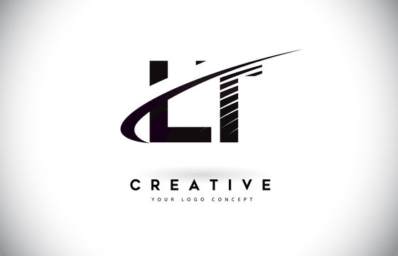 LT L T Letter Logo Design with Swoosh and Black Lines.