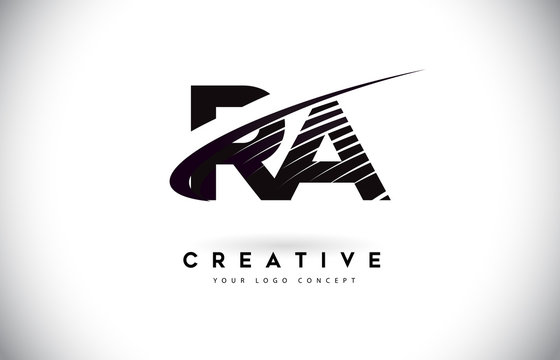 RA R A Letter Logo Design with Swoosh and Black Lines.