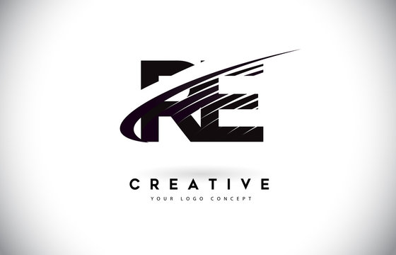 RE R E Letter Logo Design with Swoosh and Black Lines.