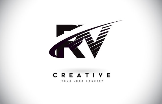 RV R V Letter Logo Design with Swoosh and Black Lines.