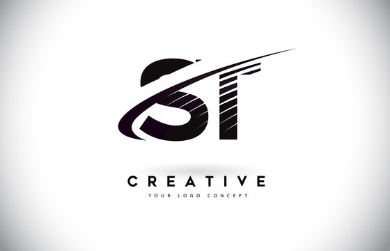 ST S T Letter Logo Design with Swoosh and Black Lines.