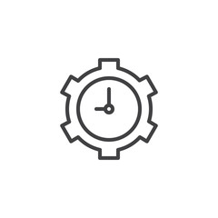 Clock in gear outline icon. linear style sign for mobile concept and web design. Time setting simple line vector icon. Symbol, logo illustration. Pixel perfect vector graphics
