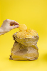 chips, food, yellow, snack, potato, chip, product, potato, hand