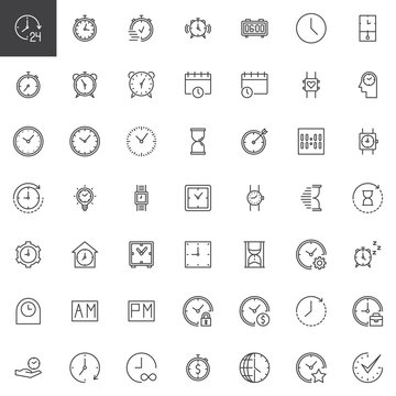 Time outline icons set. linear style symbols collection, line signs pack. vector graphics. Set includes icons as smartwatch, watch, alarm, clock, timer, stopwatch, hour calendar hourglass