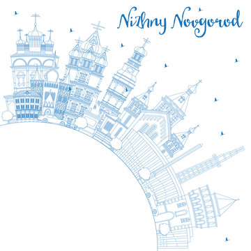 Outline Nizhny Novgorod Russia City Skyline with Blue Buildings and Copy Space.