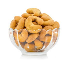 Salted Flavor Roasted Cashew Nut Snacks Served in Glass Bowl Also Know as in India Kaju Namkeen or Masala Kaju isolated on White Background