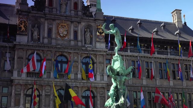 Antwerp, Belgium:The Grand Place, Grote Markt, with the Statue of Brabo, throwing the giant's hand into the Scheldt River and the Cathedral of our Lady.
