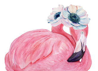 Watercolor flamingo with exotic flowers. Hand drawn illustration.