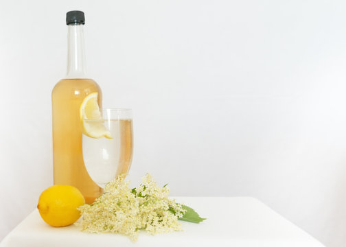 Sambucus Flasche mit Sirup mit Glas, Bl&uuml;ten und Zitrone, Hollersaft, Holundersaft