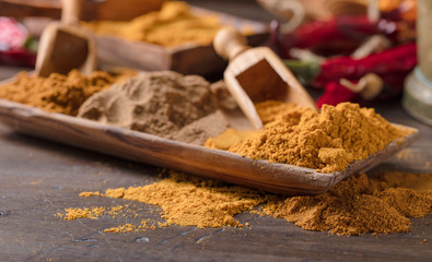 Various Indian spices with wooden spoons on a wooden table.