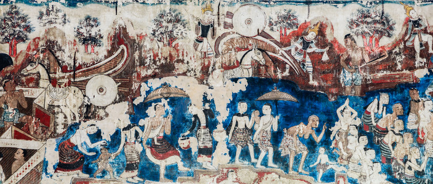 Ancient Thai Lanna style mural painting  of the life of Buddha