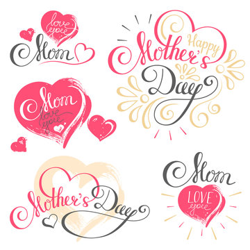 Happy Mother's Day Calligraphy with hearts isolated on white Background.