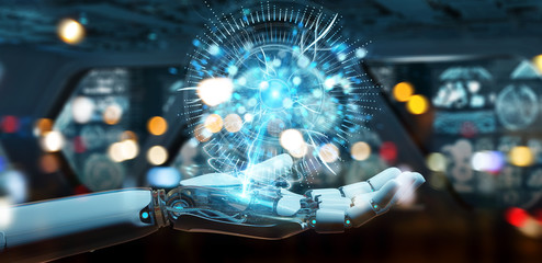 White cyborg hand using digital eye surveillance hologram 3D rendering