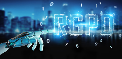 White cyborg hand using digital GDPR interface 3D rendering