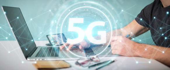 Graphic designer using 5G network interface 3D rendering