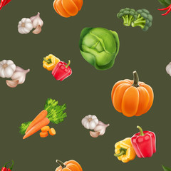 Seamless pattern with vegetables. Vegeterian food. Tomato, pumpkin, cabbage, potatoes onion broccoli carrot pepper and garlic. 3d realism vector illustration.