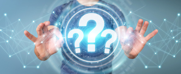 Businessman using question marks digital interface 3D rendering