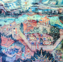 Mural painting of Thai folktale of Songthong on temple wall in Chiang Mai, Thailand.