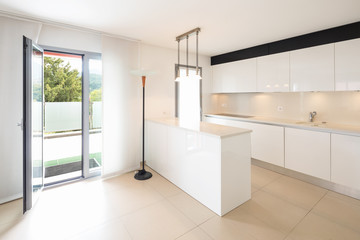 Fototapeta na wymiar Elegant modern white kitchen in apartment