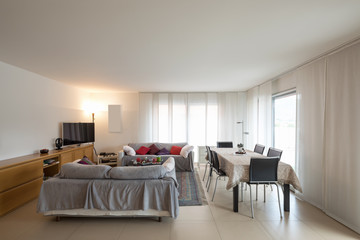 Living room with sofas, table with chairs to eat and a modern kitchen