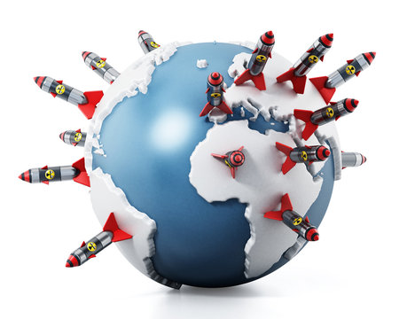 Nuclear missiles standing on world map. 3D illustration