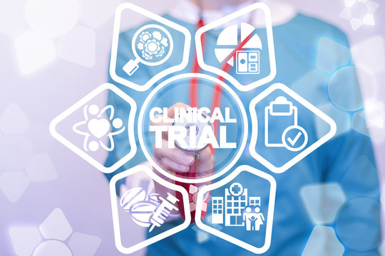 Woman medic touches a clinical trial words surrounded by specific icons. Clinical Trial Medicine Pharmaceuticals concept. Science Hospital Research.