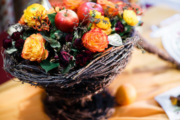 wedding bouquet, wicker nest with flowers