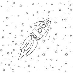 Cartoon rocket on space background, vector illustration.