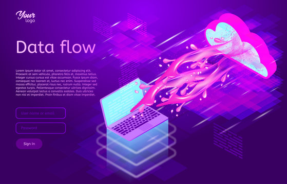 Data flow design concept. Isometric vector illustration in ultraviolet colors. Process of data movement between components.