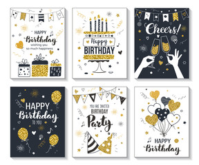 Happy birthday greeting card and party invitation templates, vector illustration, hand drawn style, black and gold colors.