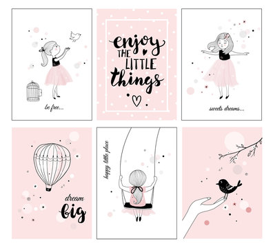 Cute little girl with bird and quotes,  posters for baby room, greeting cards, kids and baby t-shirts and wear, hand drawn nursery illustration