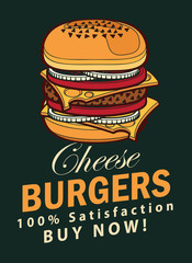 Vector banner for fast food restaurant with cheeseburger in retro style, hand drawn pop art illustration of burger. Fast food, healthy and unhealthy food. Colorful image of sandwich on black backdrop