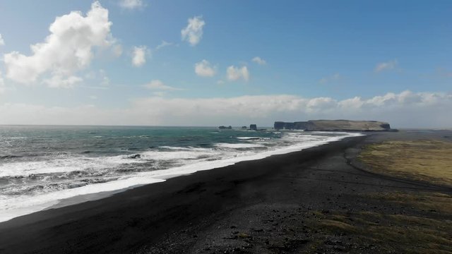 Aerial of beautiful Black Sand Beach, a natural wonder in Iceland