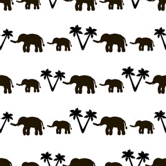 Seamless pattern with black elephants and their babies, palm trees on the white background.