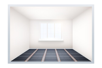 Empty room with infrared heating floor and window. Simple interior without furnish and furniture. Floor heating system. Ways of installing films under cover. Vector Illustration