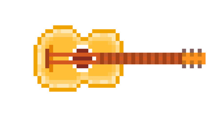 Yellow wood six string acoustic guitar, pixel art icon isolated on white background. Music store logo. Folk festival sign. Old school 8 bit slot machine pictogram. Retro 80s; 90s video game graphics. - obrazy, fototapety, plakaty