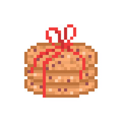 3 chocolate oatmeal cookies decorated with red ribbon, pixel art icon isolated on white background.Sweet holiday gift. Sweet pastry.Retro 80s,90s video game graphics.Old school 8 bit slot machine icon