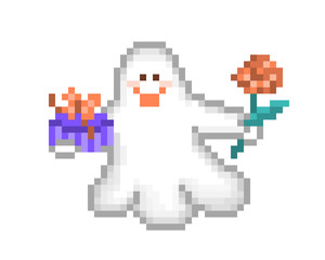 Friendly ghost presenting gift box and red rose flower, pixel art cartoon character isolated on white background. Birthday card with cheerful spirit. Halloween phantom mascot.Retro video game graphics