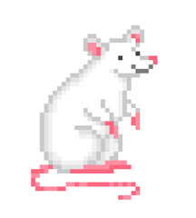 Old school 8 bit pixel art white mouse sitting on the ground isolated on white background. Retro video/pc game animal character. Slot machine graphics. Laboratory rat icon. Domestic pet rodent symbol.