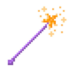 Violet magic wand with golden shining star and sparkles, pixel art icon isolated on white background. Make a wish, birthday card. Fairytale object. Wizard's stick. Imagination/miracle/fantasy symbol.