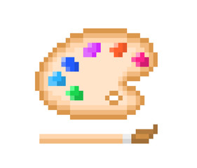 Wooden color palette with colorful oil paint and paintbrush, pixel art icon isolated on white background. Professional painting tools. Art class emblem. Symbol of creativity. Craft studio logotype.