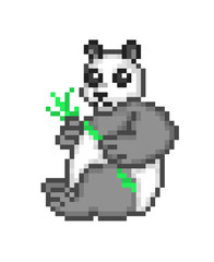 Obraz premium Giant panda bear holding bamboo in paws, pixel art cartoon character isolated on white background. Chinese endangered species symbol. Zoo/wildlife animal icon. Retro 80s, 90s video/pc game character.